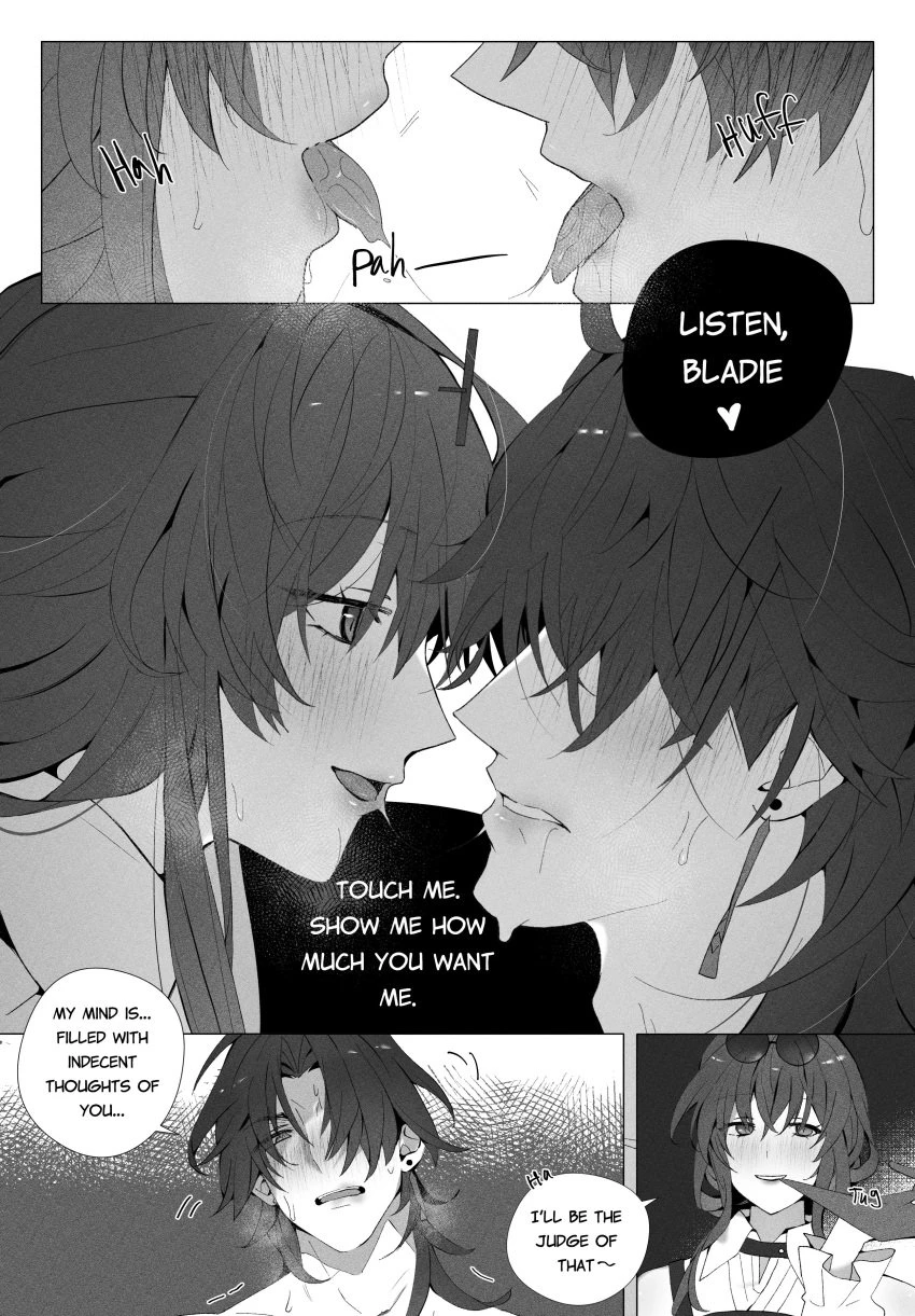 sgrimp, honkai (series), honkai: star rail, blade (honkai: star rail), kafka (honkai: star rail), 1boy, 1girls, after kiss, big breasts, breasts, light skin, light-skinned female, comic, comic page, text, text bubble