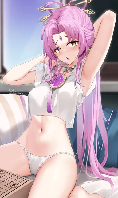 skai kun, honkai (series), honkai: star rail, fu xuan (honkai: star rail), 1girls, arm up, armpits, bare arms, breasts, crop top, forehead jewel, hair ornament, hair rings, hair stick, long hair, looking at viewer, medium breasts, midriff, navel, no pants, open mouth, panties, pink hair, shirt, sitting, solo, stomach, thighs, underwear, very long hair, wariza, white panties, white shirt, yellow eyes, commentary, highres