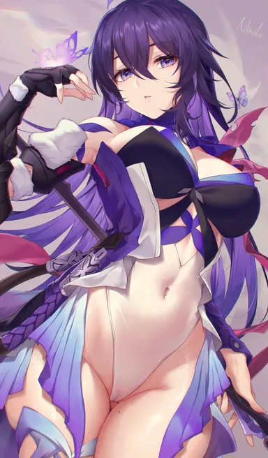 ninelie, honkai: star rail, seele (honkai: star rail), breasts, butterfly, cameltoe, clothed, looking at viewer, navel, purple eyes, purple hair, see-through, wet pussy