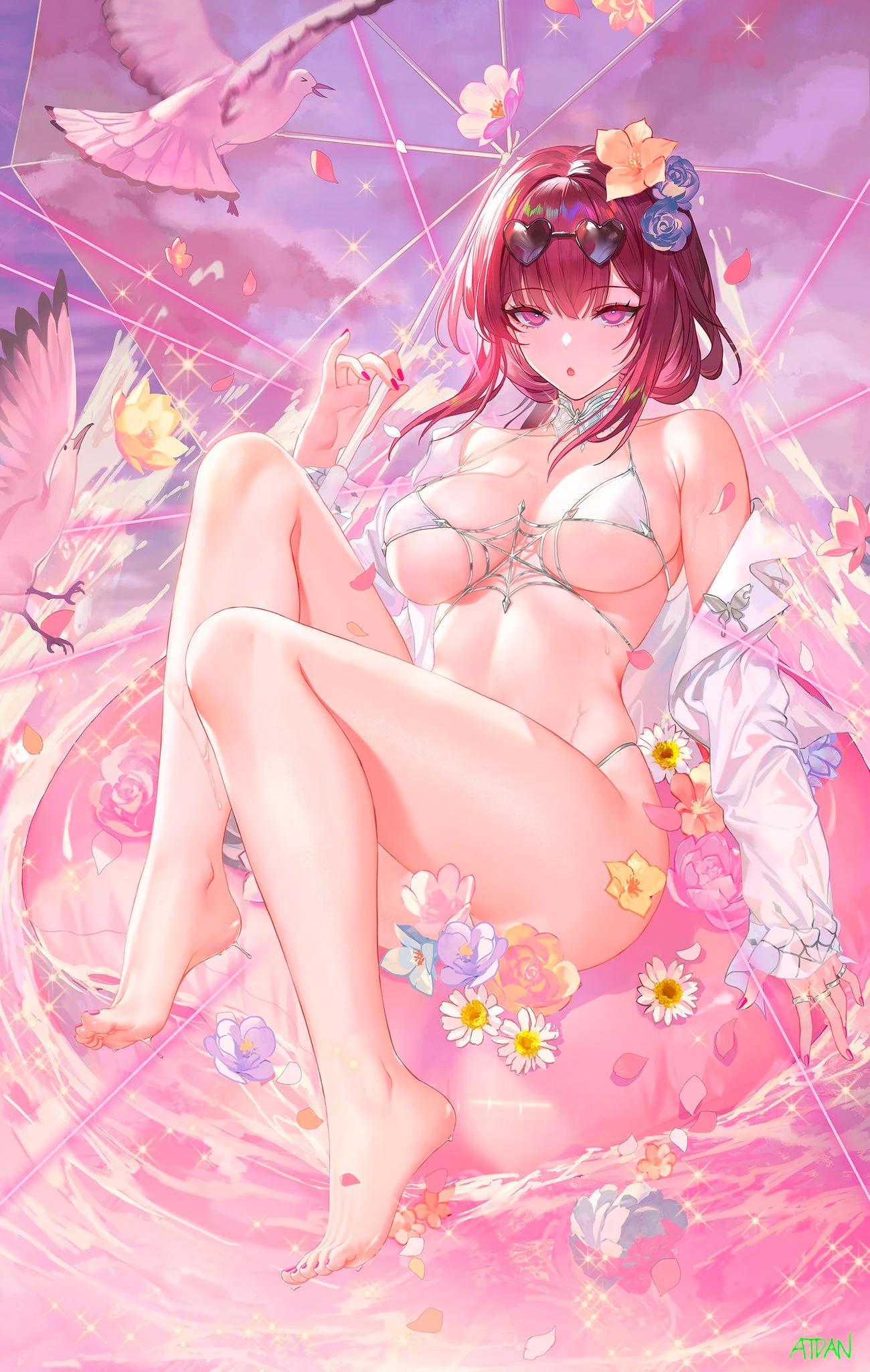 atdan, honkai (series), honkai: star rail, kafka (honkai: star rail), :o, bird, birds, feet, flower, flower in hair, holding object, large breasts, lotus (flower), micro bikini, one foot raised, painted nails, painted toenails, raised leg, red fingernails, spider web, sunglasses on head, thighs, umbrella, wet skin, signature