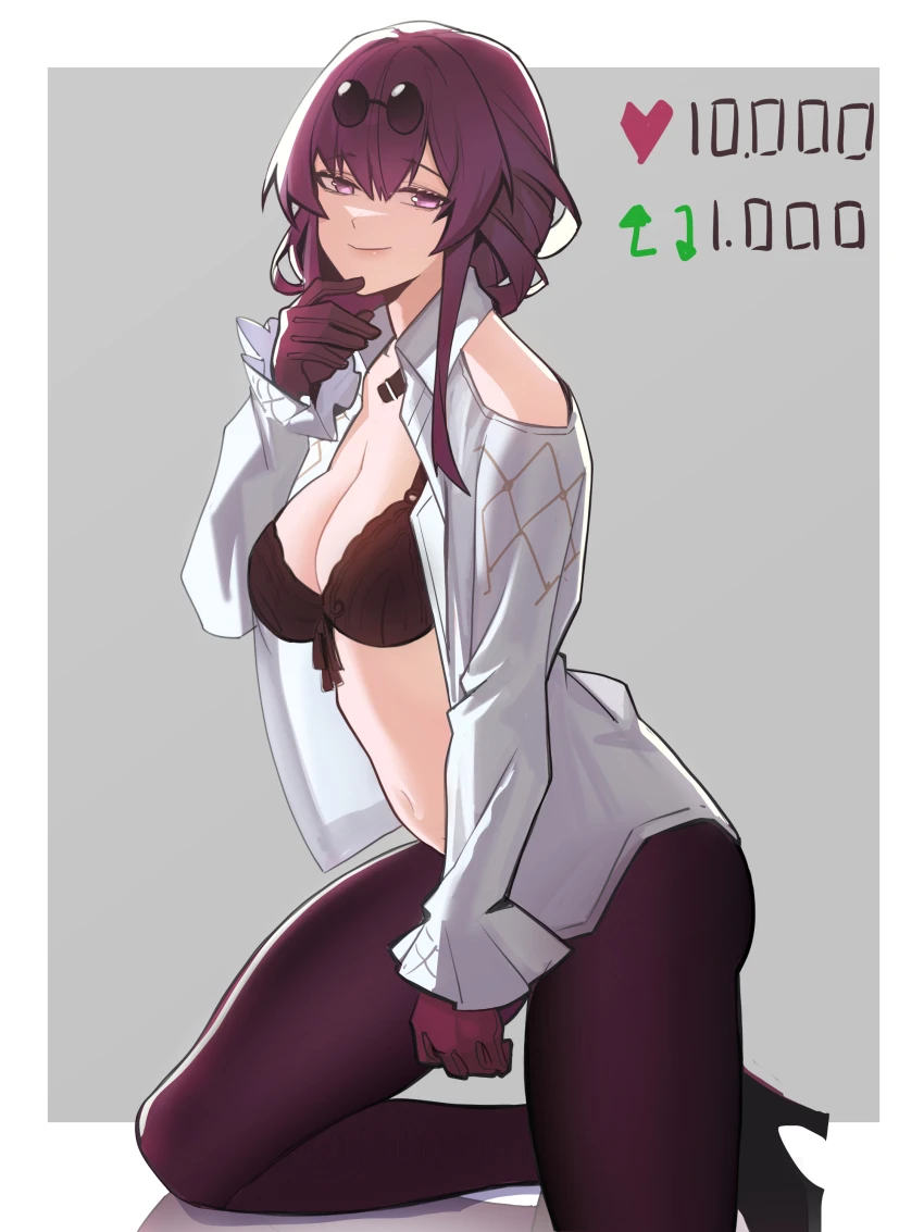 ninra, honkai (series), honkai: star rail, kafka (honkai: star rail), bra, breasts, chest, cleavage, female, gloves, high heel boots, high heels, legwear, looking at viewer, mature female, navel, pantyhose, purple eyes, purple gloves, purple hair, simple background, smile, smug face, sunglasses on head, underwear, english text, strip game