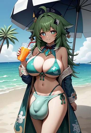 honkai: star rail, huohuo (honkai: star rail), beach, big balls, big breasts, big penis, bikini, clothed, drinks, flaccid, full-package futanari, futa only, futanari, happy, huge balls, huge breasts, looking at viewer, ai generated, civitai, uncensored