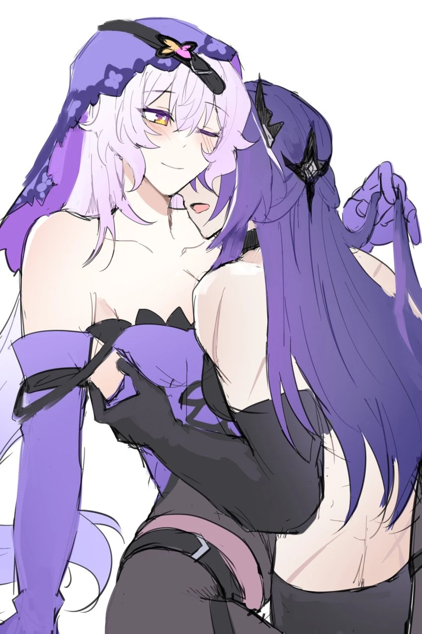 honkai (series), honkai: star rail, acheron (honkai: star rail), black swan (honkai: star rail), 2girls, black choker, black gloves, blush, boots, breasts, choker, detached sleeves, gloves, grabbing another's hair, hair ornament, hairpin, lahaijiaojiao, long hair, multicolored hair, multiple girls, purple hair, purple veil, scar, streaked hair, thigh boots, white background, white hair, yuri, absurdres, highres