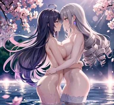 honkai (series), honkai: star rail, bronya zaychik, seele (honkai: star rail), seele vollerei, 2girls, breast press, completely nude, embrace, female, female only, loveletter, nude, romantic, symmetrical docking, yuri, ai generated