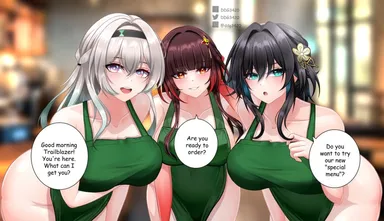 d.d.g, honkai (series), honkai: star rail, firefly (honkai: star rail), lingsha (honkai: star rail), ruan mei (honkai: star rail), 3girls, apron, apron only, ass, barista, blush, breasts, hips, looking at viewer, mostly nude, pale-skinned female, practically nude, smiling at viewer, english text, highres, speech bubble