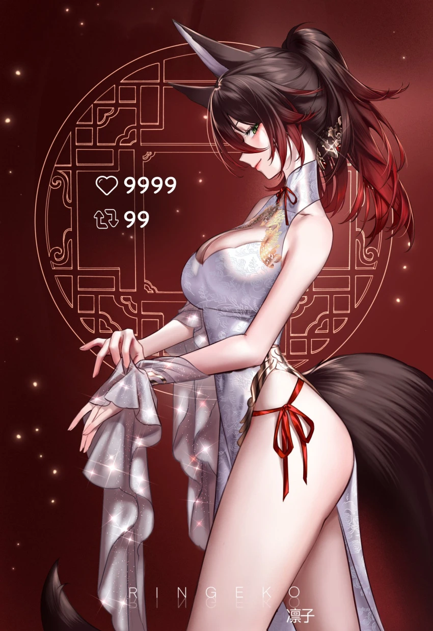 ringeko chan, honkai (series), honkai: star rail, tingyun (honkai: star rail), brown hair, cocktail dress, fox, fox ears, fox girl, fox tail, red panties, red underwear, undressing, white clothes, white clothing