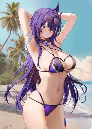 honkai: star rail, acheron (honkai: star rail), armpits, arms behind head, beach, bikini, blush, closed mouth, embarrassed, looking to the side, medium breasts, ruzhai, side view