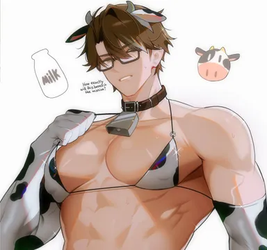 maemoooo, honkai (series), honkai: star rail, welt yang (honkai: star rail), 1boy, abs, cow bikini, cow ears, cow horns, cow print armwear, cow print bikini, cowbell, glasses, male, male only, man boobs, man tits, muscular, muscular male, nipple bulge, questioning, solo, solo male, yaoi