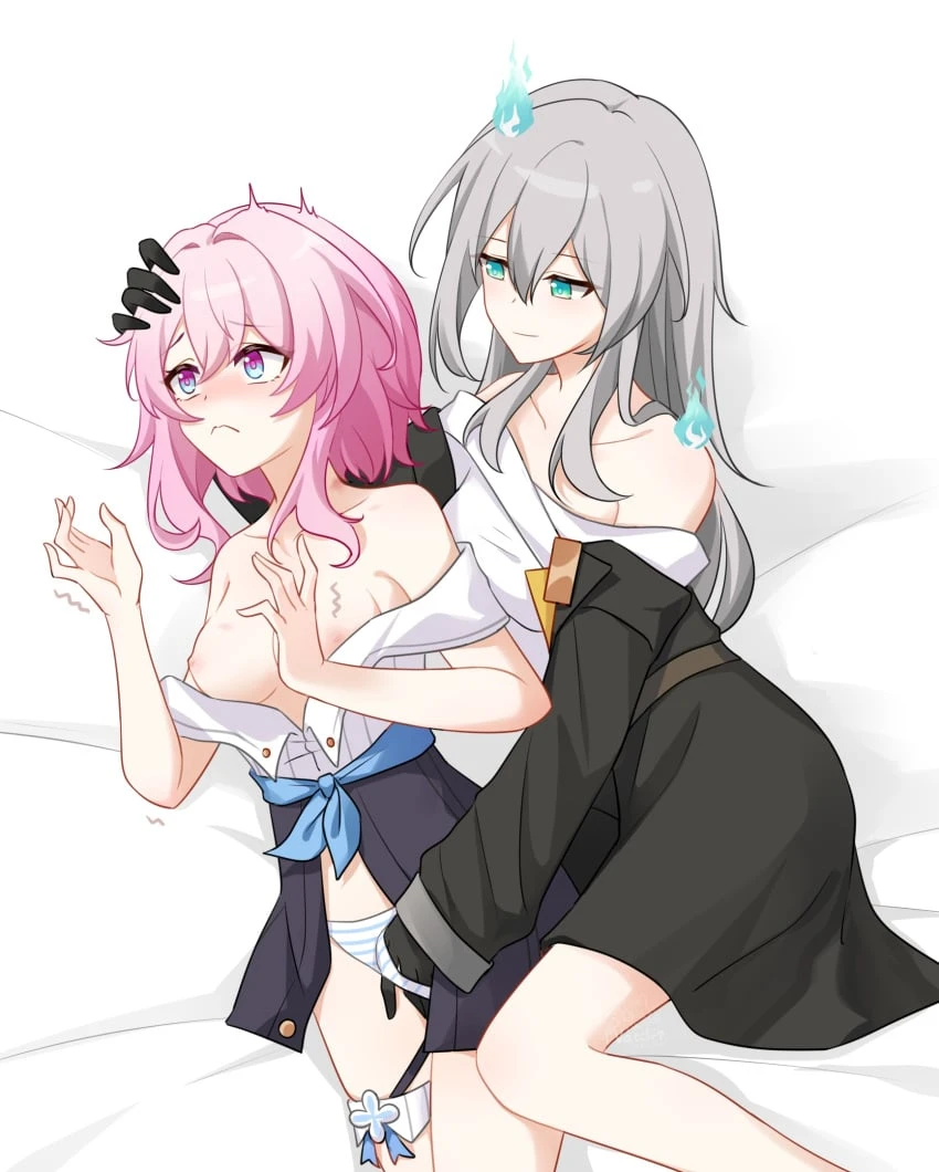 natori biu, honkai (series), honkai: star rail, cirrus (honkai: star rail), march 7th (honkai: star rail), stelle (honkai: star rail), trailblazer (honkai: star rail), 2girls, alternate eye color, aqua eyes, aura, bare shoulders, blush, breasts, closed mouth, feet out of frame, fingering, grey hair, hair between eyes, hand in another's hair, hand in another's panties, heliobus (honkai: star rail), long hair, long sleeves, looking at another, lying, medium breasts, medium hair, multiple girls, nipples, off shoulder, panties, partially undressed, pink hair, possessed, purple eyes, striped clothes, striped panties, trembling, underwear, white background, yuri, highres