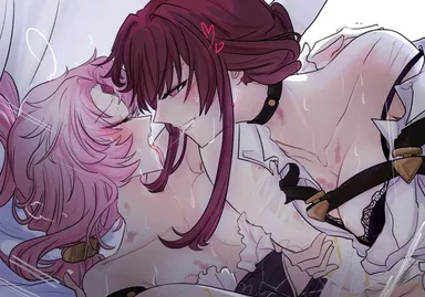 honkai (series), honkai: star rail, fu xuan (honkai: star rail), kafka (honkai: star rail), 2girls, assertive female, bare shoulders, bed, bite mark, black bra, blush, closed eyes, collar, forehead jewel, heart, hickey, kissing, pink hair, purple eyes, scratch marks, sweat, tongue out, yuri