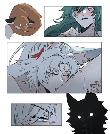 honkai (series), honkai: star rail, hoyoverse, feixiao (honkai: star rail), yukong (honkai: star rail), blue eyes, fox, fox ears, foxgirl, green hair, licking, licking thigh, nervous, sc2 22, scared, scared expression, scared face, shadows, thighs, white hair, yuri