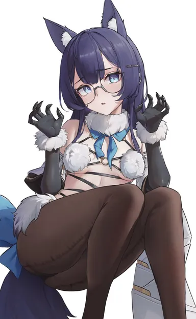 莲城小刘, honkai (series), honkai: star rail, pela (honkai: star rail), 1girls, animal ears, blue eyes, blue hair, female, glasses, gloves, long hair, pantyhose, solo, tail