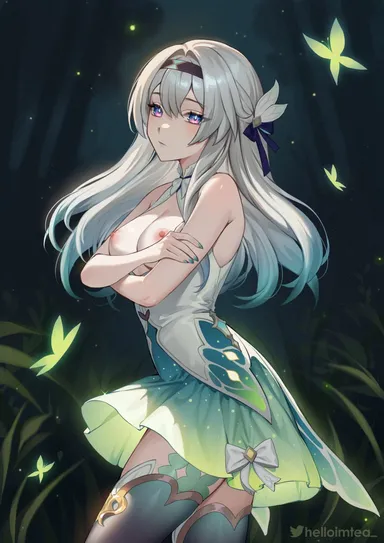 helloimtea, honkai (series), honkai: star rail, firefly (honkai: star rail), 1girls, areolae, barefoot, big breasts, breasts, breasts out, butterfly, cleavage, crossed arms, dress, emotionless, exposed breasts, eyelashes, female, female only, hair accessory, hair between eyes, hair ribbon, hairband, legwear, light skin, light-skinned female, long hair, looking at viewer, nail polish, nipples, no bra, outdoors, purple eyes, solo, standing, stockings, turquoise nails, white hair, highres