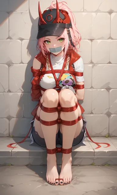 honkai: star rail, rappa (honkai: star rail), 1girls, arms tied behind back, bondage, bound ankles, bound legs, bound,, gag, gagged, green eyes, hat, helpless, looking at viewer, pink hair, tape gag, tied up, toes tied, ai generated