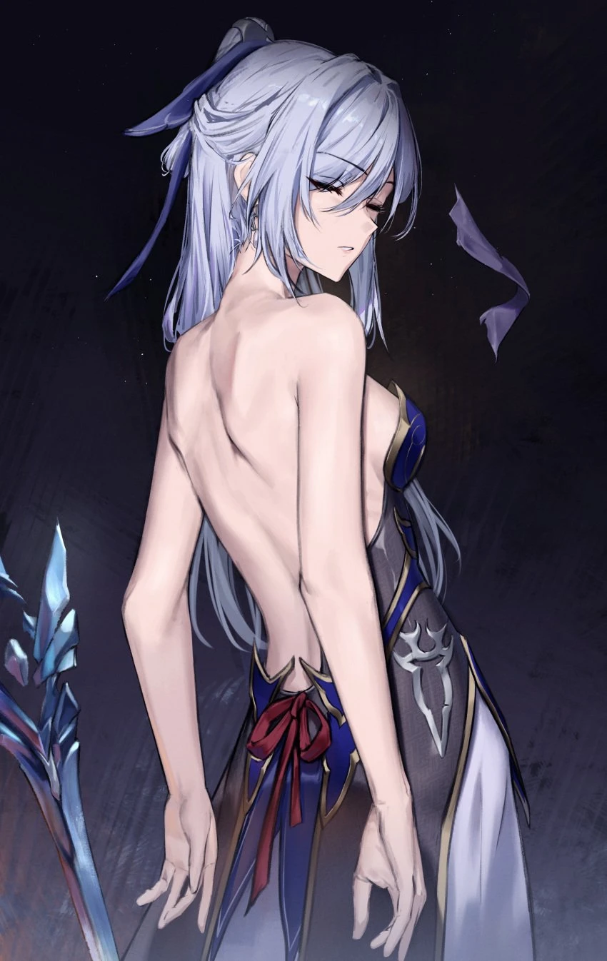 honkai (series), honkai: star rail, jingliu (honkai: star rail), bare shoulders, bareback, blindfold, blue dress, dress, earrings, eyes half open, facing back, facing viewer, female, hairbow, sideboob, sword