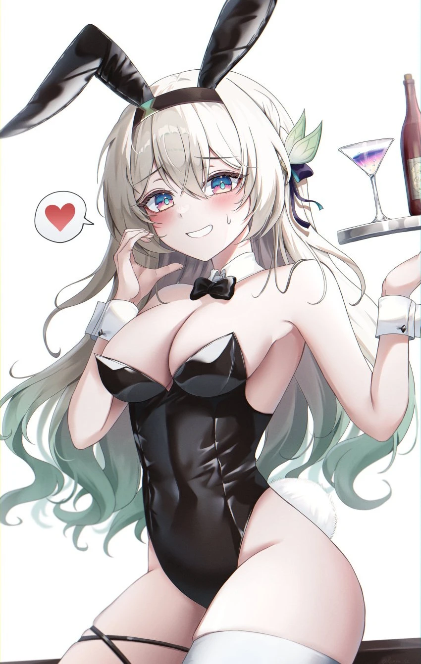 honkai: star rail, firefly (honkai: star rail), alcohol, alcoholic drink, asymmetrical legwear, blush, bunny ears, bunny girl, bunny tail, bunnysuit, heart, medium breasts, nervous, nervous smile, spoken heart, sweatdrop, thick thighs, thigh strap, waitress, white thighhighs, wide hips