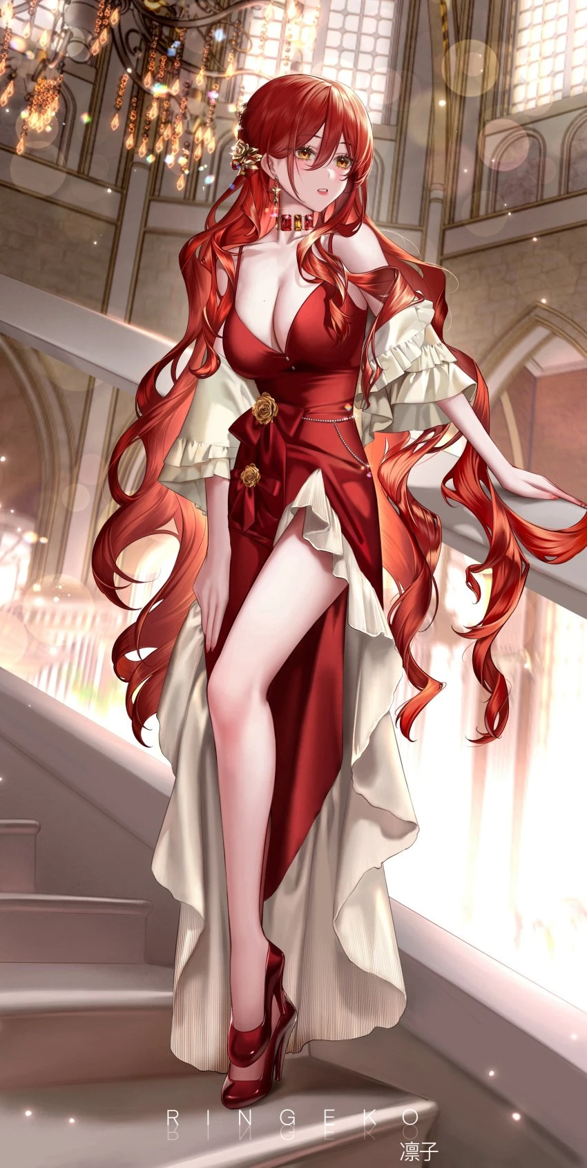 ringeko chan, honkai: star rail, himeko (honkai: star rail), big breasts, hair ornament, high heels, long hair, milf, mole on breast, red dress, red hair