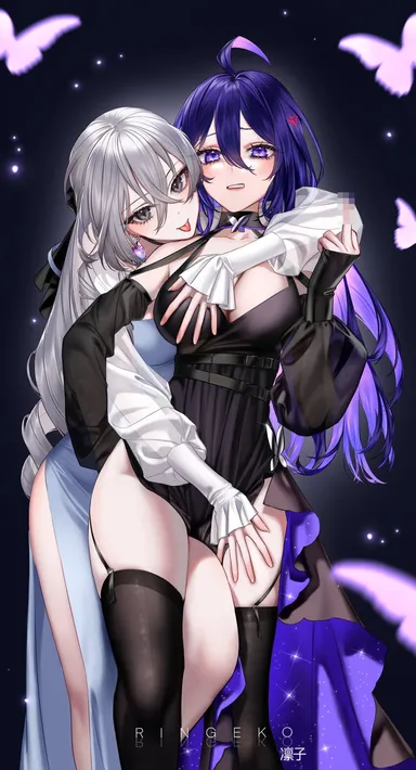 ringeko chan, honkai: star rail, bronya rand, seele (honkai: star rail), 2girls, from behind, looking at viewer, middle finger, tongue out, touching breast, touching thigh, yuri