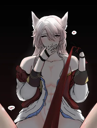 honkai: star rail, jiaoqiu (honkai: star rail), closed eyes, cum, dominant, domination, fox, fox ears, licking, licking cum, male, male only, partially clothed, pink hair, red rope, rope, solo, solo focus, solo male, sweating, taking clothes off, first porn of character