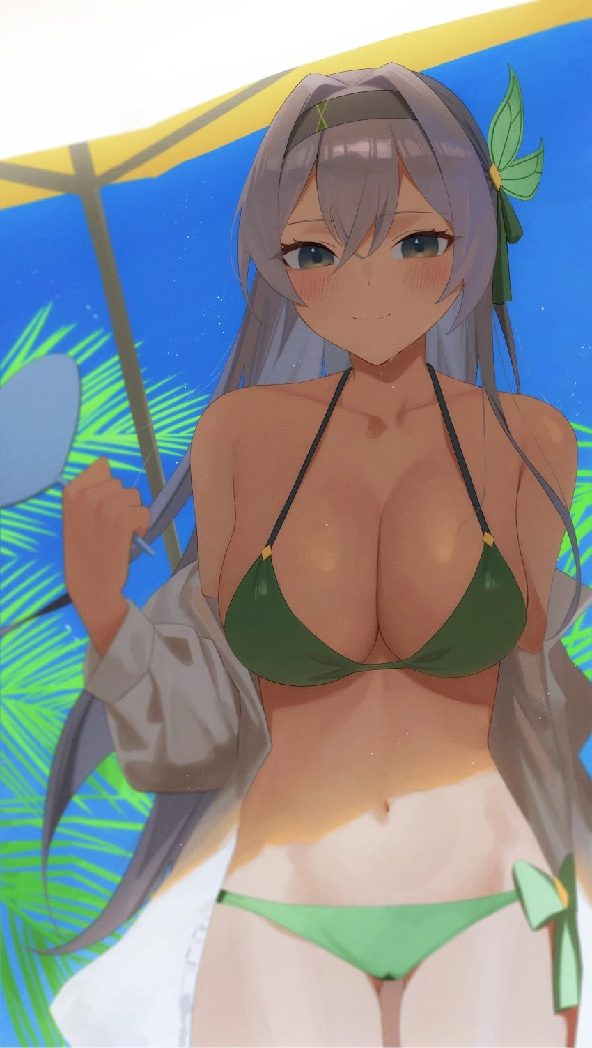 mm (mhm2592), honkai (series), honkai: star rail, firefly (honkai: star rail), 1girls, bare armpits, bare belly, bare chest, bare hands, bare hips, bare legs, bare midriff, bare navel, bare shoulders, bare skin, bare thighs, bare torso, belly, belly button, bikini, bikini bottom, bikini only, bikini top, black hairband, blue background, blue sky, blush, blush lines, blushing female, breasts, brown eyes, brown eyes female, cleavage, cleft of venus, collarbone, day, daylight, daytime, dot nose, elbows, fan, female, female focus, female only, fingers, green bikini, green bikini bottom, green bikini top, green hair ribbon, green ribbons, green string bikini, green swimsuit, green swimwear, grey eyebrows, grey hair, grey hair female, groin, hair between eyes, hair ornament, hair ornaments, hair ribbon, hairband, half naked, large breasts, legs, light skin, light-skinned female, long hair, looking at viewer, naked, naked female, navel, nude, nude female, off shoulder, outdoor, outdoors, outside, palm tree, palm trees, parasol, pussy, ribbon, shirt, shoulders, side-tie bikini, silver hair, silver hair female, simple background, sky, slender body, slender waist, slim girl, slim waist, smile, smiling, smiling at viewer, solo, standing, string bikini, swimsuit, swimwear, thick thighs, thighs, thin waist, unbuttoned, unbuttoned shirt, upper body, v-line, wet, wet body, wet breasts, wet face, wet hair, wet skin, white shirt, absurd res, absurdres, high resolution, highres