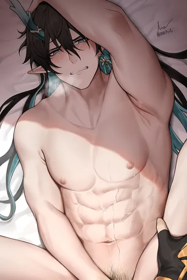 asaifrit, honkai: star rail, caelus (honkai: star rail), dan heng, dan heng (imbibitor lunae), 2boys, abs, black hair, blue highlights, bottom male, bottomless, cum, cum on body, cum splatter, gay, gay sex, happy trail, horns, male only, messy hair, muscular, muscular male, pov eye contact, pubic hair, rough sex, visible breath, yaoi