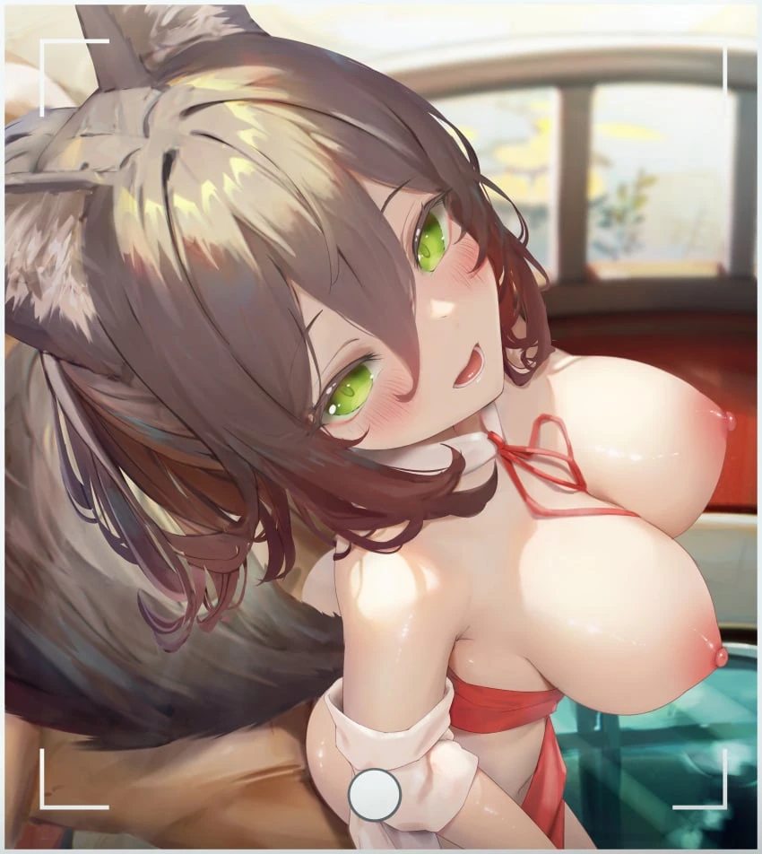 jm1990henan, honkai (series), honkai: star rail, tingyun (honkai: star rail), :d, 1boy, animal ears, ass, bare breasts, bare shoulders, blush, breasts, breasts out, brown hair, cleavage, cowgirl position, female, fox, fox ears, fox girl, fox tail, green eyes, implied sex, large breasts, long hair, looking at viewer, naked collar, naked ribbon, naked sleeves, nipples, ponytail, ribbon, sex, smile, soft breasts, solo focus, straight, tail, viewfinder, wakipai, absurdres, highres