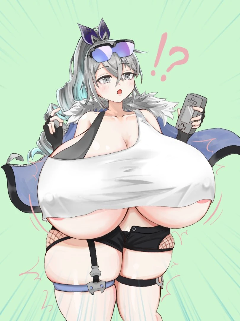 nnsalad, honkai: star rail, silver wolf (honkai: star rail), !?, 1girls, areolae, big breasts, big thighs, breast expansion, breast growth, breasts, busty, enormous breasts, eyewear on head, female, giant breasts, gigantic breasts, huge breasts, huge thighs, hyper breasts, large breasts, large thighs, massive breasts, sunglasses on head, thick thighs, thighs, underboob