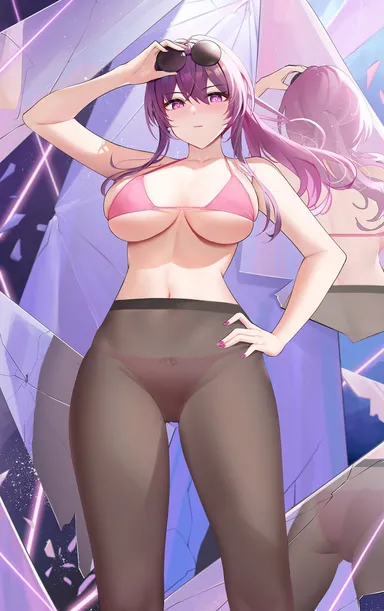 qing wu, honkai (series), honkai: star rail, kafka (honkai: star rail), ass, bare arms, black pantyhose, blush, bra, breasts, broken mirror, collarbone, eyewear on head, female, fingerless gloves, glasses, gloves, hair between eyes, hand on own hip, large breasts, long hair, looking at viewer, mirror, nail polish, navel, panties, panties under pantyhose, pantyhose, pince-nez, pink bra, pink panties, ponytail, purple eyes, purple hair, purple nails, reflection, round eyewear, see-through, shadow, sidelocks, solo, standing, sunglasses, sunglasses on head, underwear, highres