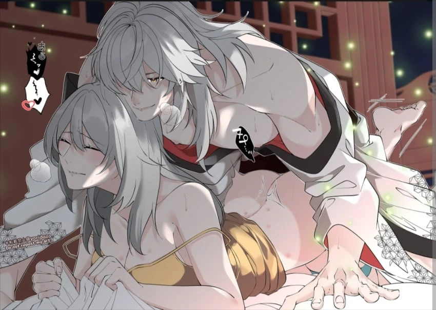 yoridazo, honkai (series), honkai: star rail, jing yuan, stelle (honkai: star rail), 1boy1girl, bedroom eyes, blush, clutching sheets, gray hair, hickeys, long hair, vaginal penetration, white hair