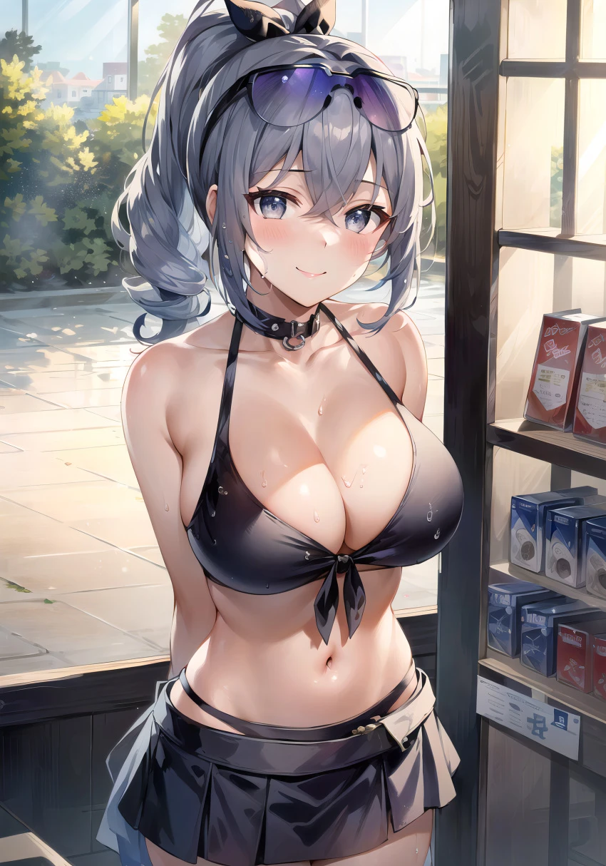 stable diffusion, honkai: star rail, silver wolf (honkai: star rail), 1girls, curvy, curvy body, curvy female, eyewear on head, huge breasts, solo focus, sunglasses on head, ai generated, hi res