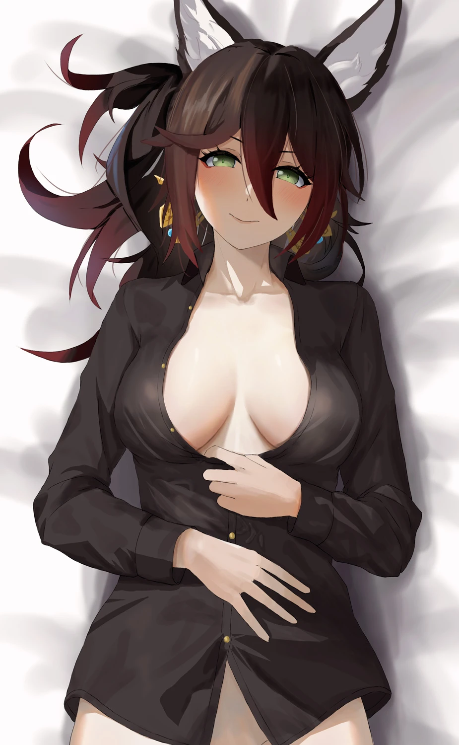 clisapex, honkai (series), honkai: star rail, tingyun (honkai: star rail), 1girls, animal ear fluff, animal ears, bed sheet, brown hair, dress, earrings, formal, fox ears, fox girl, green eyes, hair between eyes, light skin, light-skinned female, looking at viewer, lying, lying on back, no bra, on back, smile, solo, white bed sheet, 2023, hi res