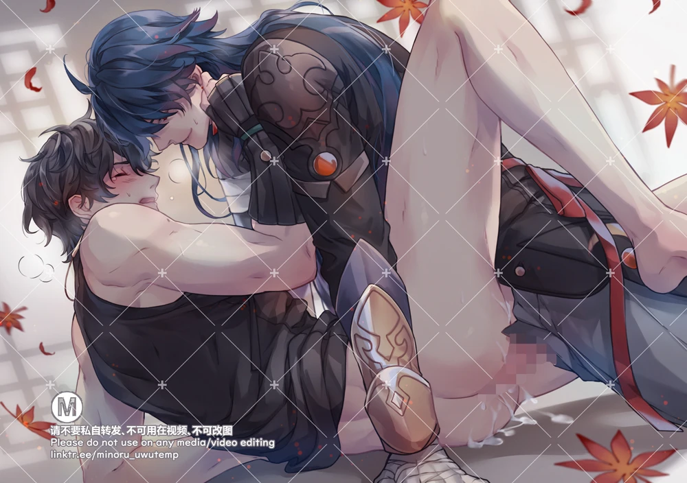 minoru uwutemp, honkai: star rail, blade (honkai: star rail), dan heng, 2boys, arm support, ass, balls deep, bandage, bandaged hand, black hair, blue hair, blush, blushing, bottomless, butt crack, clenched fist, crying, crying with eyes closed, cum, cum drip, cum in ass, cum inside, cum splatter, cumshot, dominant, domination, duo, duo focus, eyes closed, fully clothed, gay, gay sex, genitals, hand on shoulder, heavy breathing, holding onto partner, human, leaf, legs, long hair, looking at another, looking at partner, looking down, looking pleasured, male only, male penetrating, male penetrating male, male/male, maledom, males only, malesub, missionary position, mouth open, multicolored hair, no underwear, on top, pale skin, pale-skinned male, pants down, partially clothed, penile penetration, penis, penis in ass, pleasure face, side view, smirk, sweat, sweatdrop, tear, thighs, yaoi, censored, censored penis