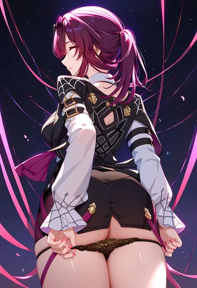 límíng zhī xià, honkai: star rail, hoyoverse, pixiv, kafka (honkai: star rail), big ass, big breasts, earrings, glowing eyes, long hair, long sleeves, looking at viewer, nail polish, panties, panties down, purple eyes, purple hair, sideboob, slim waist, tied hair, viewed from below, ai generated, portrait