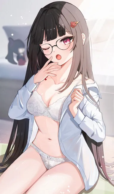 ranran 3939, honkai (series), honkai: star rail, sparkle (honkai: star rail), ;o, black hair, black-framed eyewear, bra, breasts, cleavage, collared shirt, depth of field, doll, female, glasses, hair ornament, hairpin, long hair, medium breasts, navel, one eye closed, panties, petite, pink eyes, shirt, solo, teardrop, unbuttoned, unbuttoned shirt, underwear, very long hair, white bra, white panties, white shirt, yawn, blurry background, highres