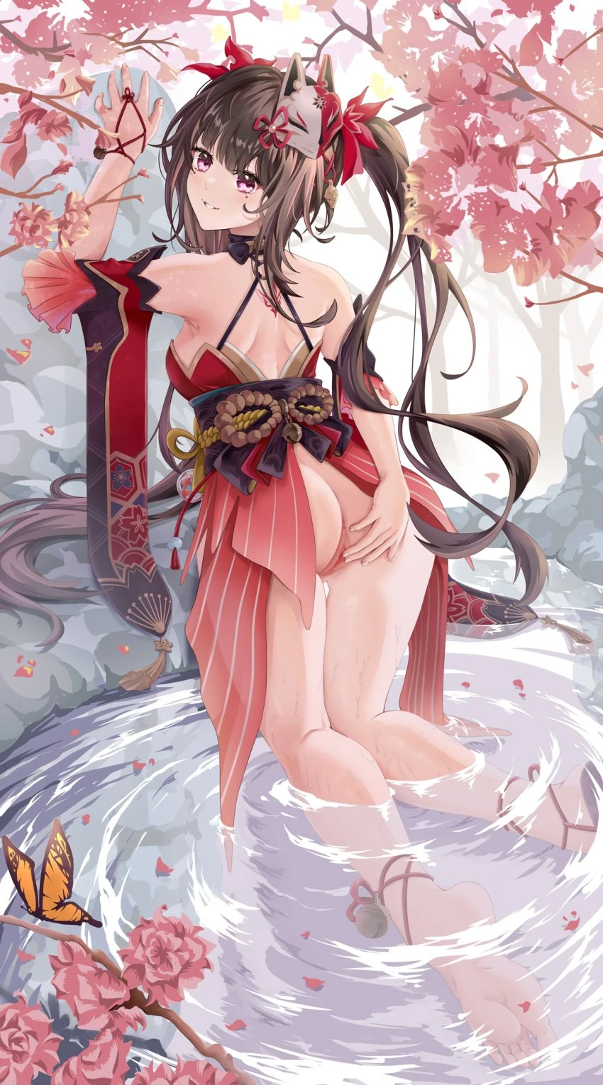 honkai (series), honkai: star rail, sparkle (honkai: star rail), :d, against wall, anus, ass, backboob, backless dress, backless outfit, barefoot, blush, bow, branch, breasts, brown hair, bug, butterfly, cherry blossoms, day, detached sleeves, dress, falling petals, feet, female, fox mask, full body, grin, hairbow, hand on own ass, in water, kneepits, long hair, looking at viewer, looking back, mask, mask on head, median furrow, medium breasts, no panties, open mouth, outdoors, petals, pink eyes, pussy, red bow, red dress, red sleeves, ruby (pixiv 26146178), short dress, short sleeves, sidelocks, sleeveless, sleeveless dress, smile, soles, solo, spread pussy, thick thighs, thigh gap, thighs, toes, twintails, water, censored, highres, mosaic censoring