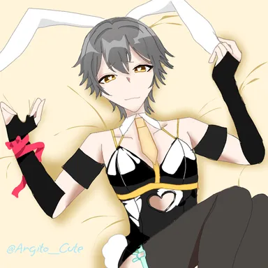 honkai: star rail, rabbit hole (vocaloid), caelus (honkai: star rail), 1boy, bed, bunny ears, bunnysuit, cosplay, gay, gay sex, gray hair, grey hair, horn, in bed, smiling, yaoi, yellow bed