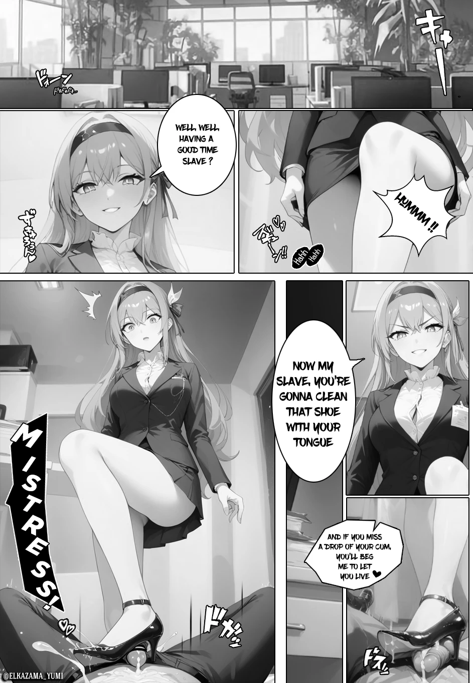 elkazama yumi, honkai (series), honkai: star rail, firefly (honkai: star rail), cum, cumshot, dirty talk, dominant, dominant female, femdom, footjob, heeljob, heels, ai generated, black and white