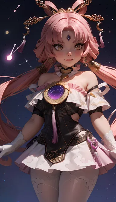 cortezian generations, honkai (series), honkai: star rail, patreon, fu xuan (honkai: star rail), 1girls, bare shoulders, blush, cross-eyed, dress, female, forehead jewel, gloves, gold eyes, hair ornament, hairbow, leash, long hair, low twintails, night sky, petite, pink hair, small breasts, smile, solo, stars, stockings, tassel, thick thighs, thighs, twintails, young, ai generated, hi res