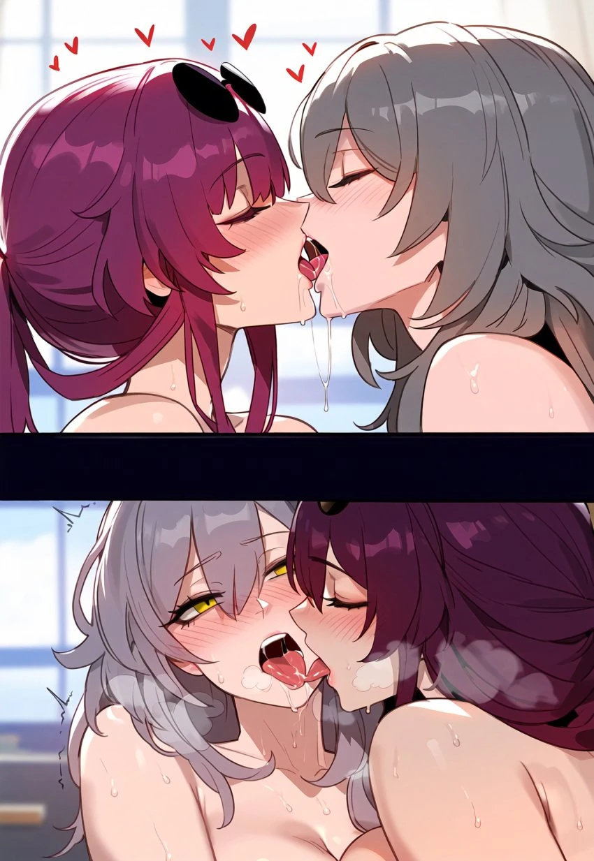 floox, thiccwithaq (ai style), honkai: star rail, kafka (honkai: star rail), stelle (honkai: star rail), 2girls, breasts, female, grey hair, kissing, large breasts, long hair, naughty face, nipples, nude, nude female, purple eyes, purple hair, smile, yellow eyes, yuri, ai generated, artstyle imitation, hi res, high resolution, stable diffusion