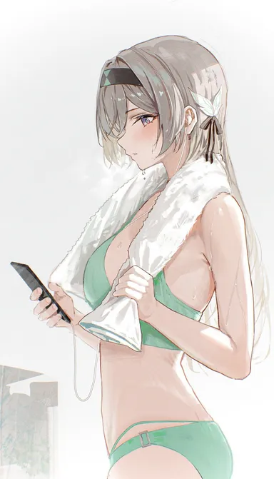 hidulume, honkai: star rail, firefly (honkai: star rail), after workout, clothed, earphones, female, female only, gray hair, green bra, green panties, hair ornament, headband, matching underwear, phone, purple eyes, semi nude, solo female, sweat, sweating, towel, towel around neck, underwear, underwear only, white background, 2d