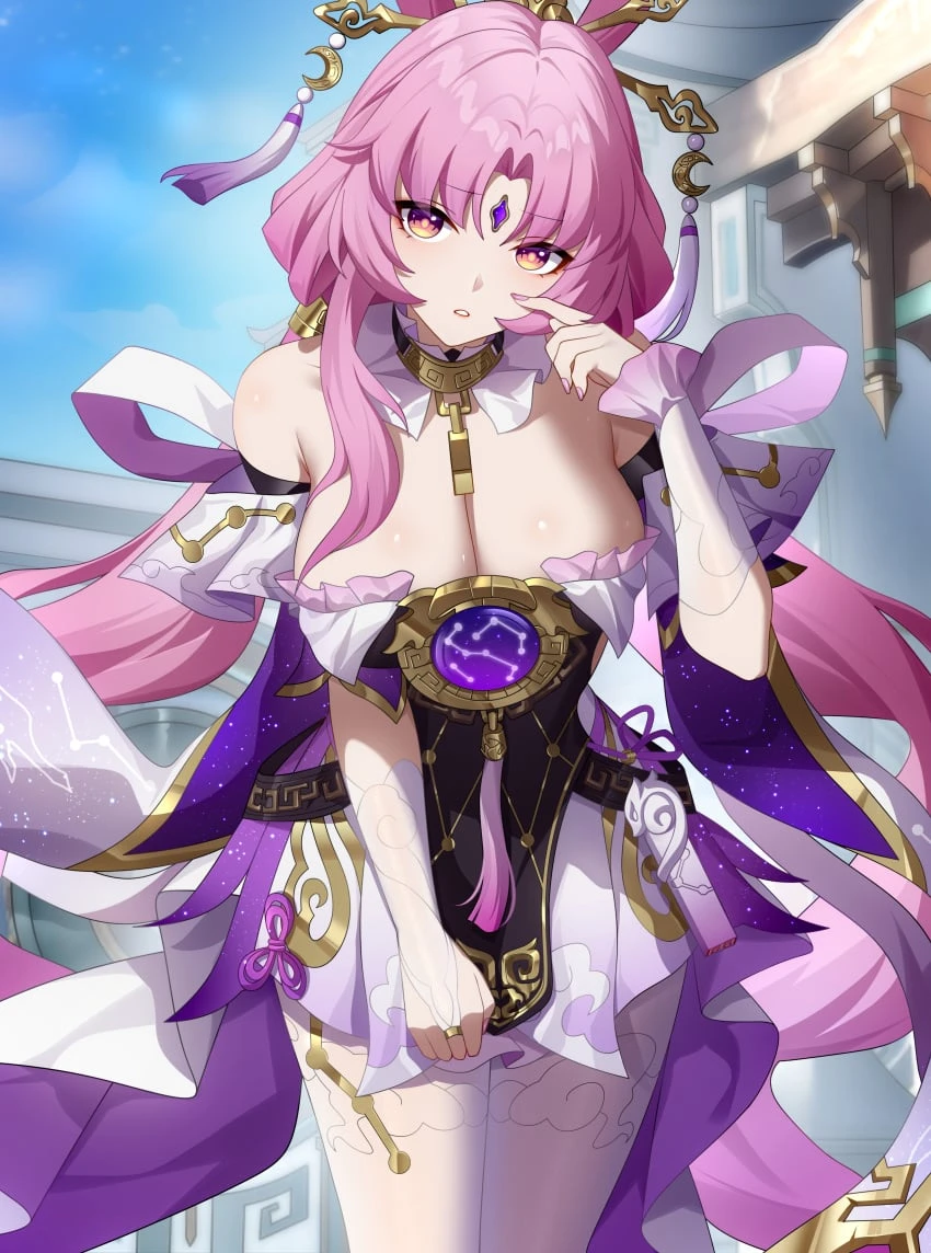 wu ganlan cai, honkai (series), honkai: star rail, fu xuan (honkai: star rail), bare shoulders, breasts, bridal gauntlets, female, hair ornament, hand up, large breasts, long hair, looking at viewer, nail polish, parted bangs, parted lips, pink hair, pink nails, purple eyes, solo, thighs, absurdres, chinese commentary, commentary request, highres