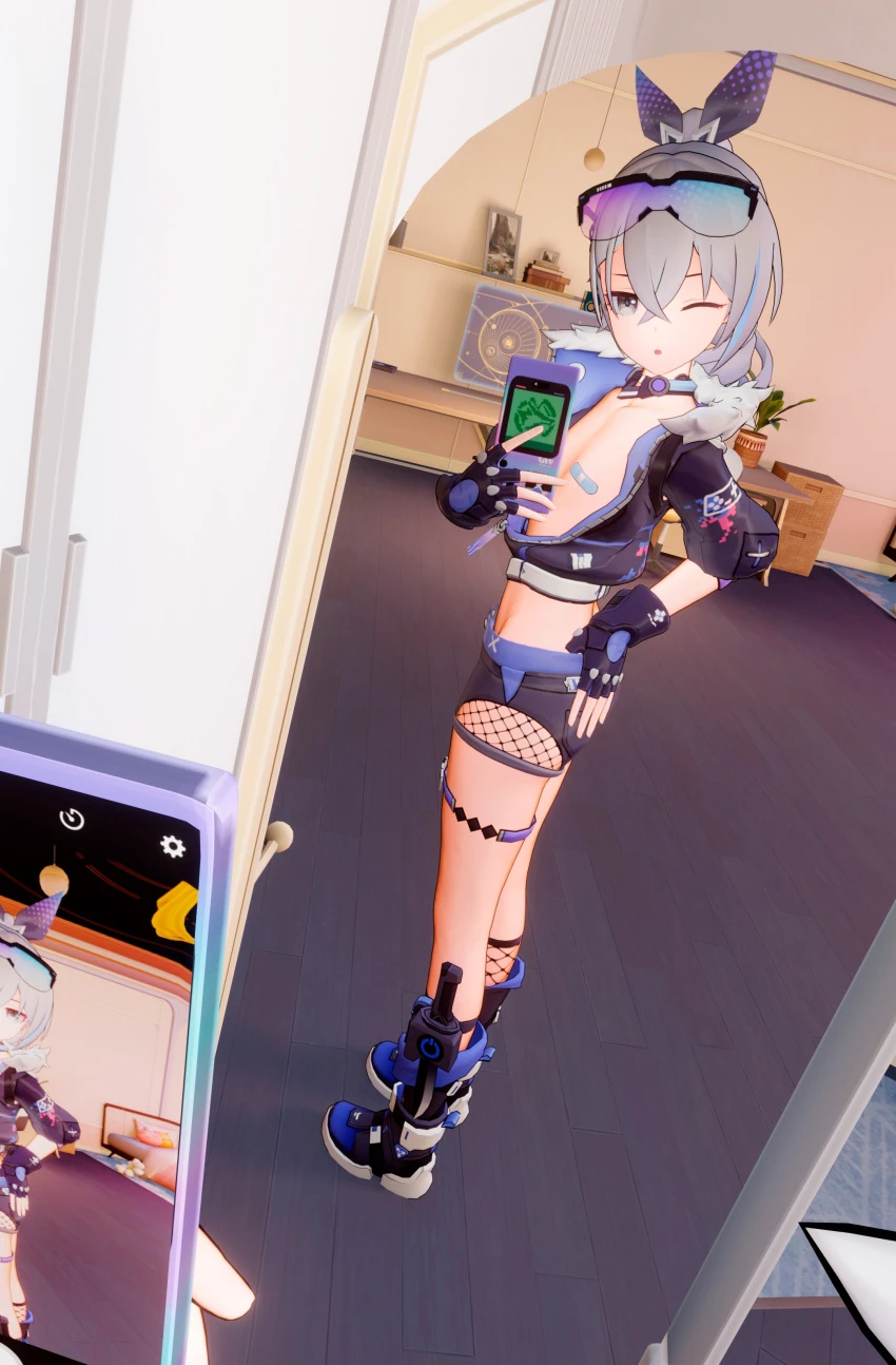 3dimmanimations, honkai: star rail, silver wolf (honkai: star rail), ankle boots, bandaid, bandaids on nipples, boots, breasts, clothing, female pov, fishnets, glasses, glasses on head, mirror, pasties, ponytail, pov, selfie, shoes, shorts, silver eyes, silver hair, tied hair, 3d