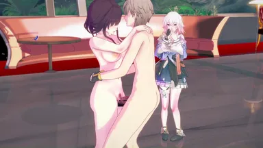 hua zhong tao, honkai: star rail, koikatsu, caelus (honkai: star rail), kafka (honkai: star rail), march 7th (honkai: star rail), 1boy, 2girls, ahe gao, big breasts, big penis, big thighs, breasts, clothed, clothed female, clothing, completely nude, completely nude female, completely nude male, fast thrusts, female, huge cock, large penis, looking at another, male, nude, nude female, nude male, penis, pubic hair, pussy, sex, standing sex, thick thighs, thighs, vaginal penetration, vaginal sex, 1080p, 1920x1080, animated, censored, mosaic censoring, no sound, tagme, video