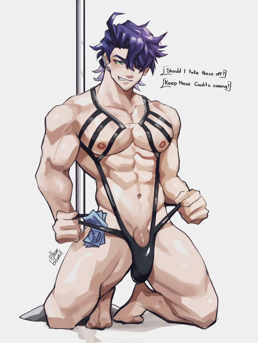 thombrownie, honkai (series), honkai: star rail, sampo (honkai star rail), 1boy, abs, bara, blue hair, gay, male only, muscular, muscular male, pecs, presenting penis, smirk, solo, solo male, stripper, stripper pole, swimsuit, thighs, yaoi, english text