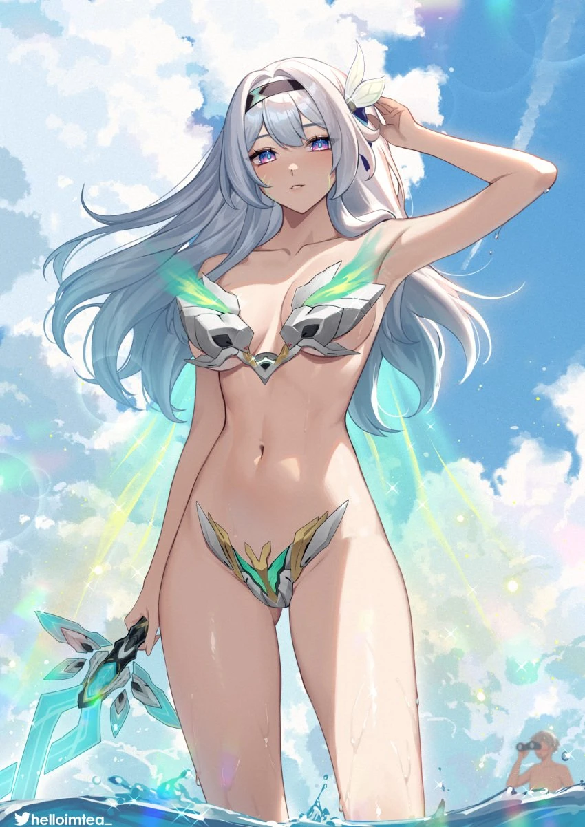 helloimtea, honkai (series), honkai: star rail, caelus (honkai: star rail), firefly (honkai: star rail), 1girls, armpits, ass visible through thighs, bare shoulders, belly, big breasts, binoculars, bra, breasts, chest, clouds, collarbone, eyelashes, female, female only, hair accessory, hair between eyes, hair ribbon, hairband, hand on head, hips, holding sword, legs, light skin, light-skinned female, long hair, looking at viewer, midriff, navel, ocean, outdoors, parted lips, purple eyes, sky, solo, standing, standing in water, stomach, sword, thighs, toned, underwear, waist, water drop, wet skin, white hair, highres