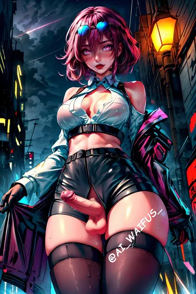 creative goddesses, honkai: star rail, kafka (honkai: star rail), 1futa, balls, bare shoulders, black thighhighs, blush, booty shorts, breasts, cleavage, clothed, dickgirl, erect penis, erection, futa only, futanari, jacket, jacket open, looking at viewer, midriff, mostly clothed, night, no panties, outside, penis, penis out, purple eyes, purple hair, short hair, skindentation, solo, solo futa, standing, sunglasses, sunglasses on head, thick, thick thighs, thighhighs, thighs, wide hips, ai generated