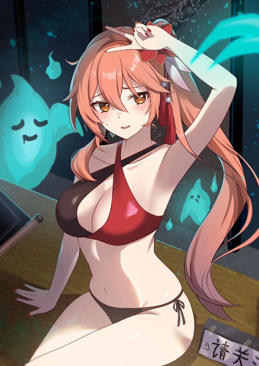 honkai: star rail, green ghost, guinaifen (honkai: star rail), 1girls, bikini, female, female only, ghost, long hair, orange eyes, orange hair, ponytail, sitting, solo, solo female