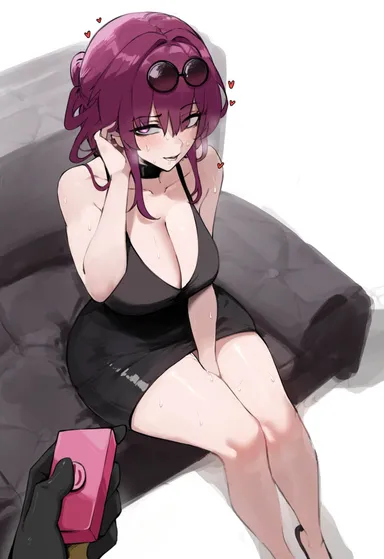 honkai: star rail, mihoyo, mihoyo technology (shanghai) co. ltd., kafka (honkai: star rail), big breasts, black dress, glasses, glasses on head, hand between legs, heart symbol, neckwear, purple eyes, purple hair, sex toy, sweat, sweatdrop, sweating, thick thighs, thighs, touching hair, vibrator, ai generated