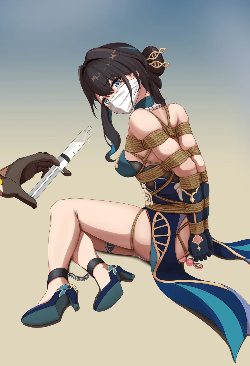 honkai (series), honkai: star rail, ruan mei (honkai: star rail), trailblazer (honkai: star rail), 1other, anal, anal object insertion, aqua dress, arms behind back, bare legs, bare shoulders, bead necklace, beads, black gloves, black hair, blue background, blue eyes, blue footwear, blue gloves, bondage, bound, bound arms, breasts, cloth gag, cuffs, dress, female, gag, gagged, gloves, gradient background, grey background, hair bun, high heels, holding, holding syringe, improvised gag, jewelry, long hair, looking at viewer, medium breasts, necklace, object insertion, over the nose gag, rope, shackles, sitting, strapless, strapless dress, syringe, thighs, wanliu, absurdres, commentary request, highres