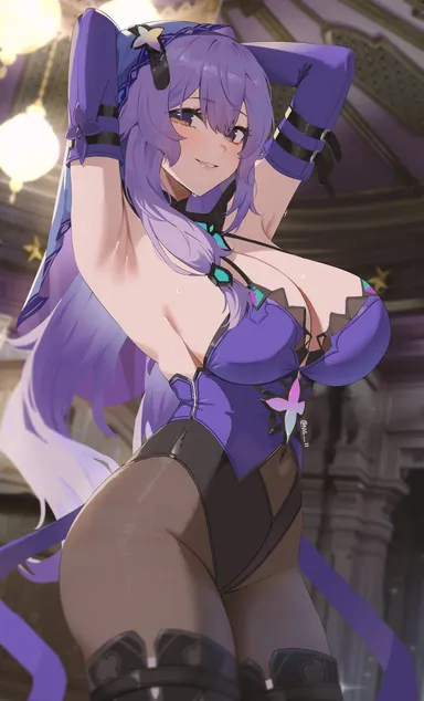 nvl, honkai (series), honkai: star rail, hoyoverse, black swan (honkai: star rail), armpits, arms up, bare shoulders, bodystocking, breasts, cleavage, covered navel, dress, elbow gloves, female, general, gloves, hair between eyes, large breasts, leotard, long hair, looking at viewer, purple dress, purple eyes, purple hair, smile, solo, sweat, veil, very long hair